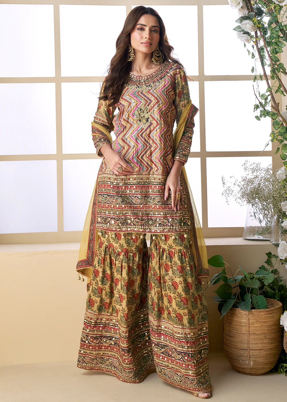 Yellow Multicolor Aari Embroidered Traditional Palazzo Suit
