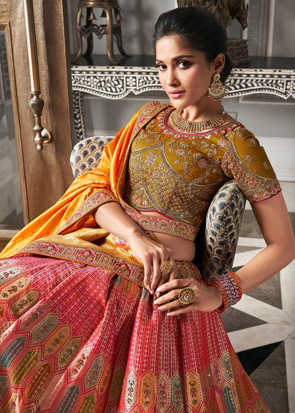 Yellow Multicolor Banarasi Silk Embroidered Bridal Lehenga Choli - Image 2