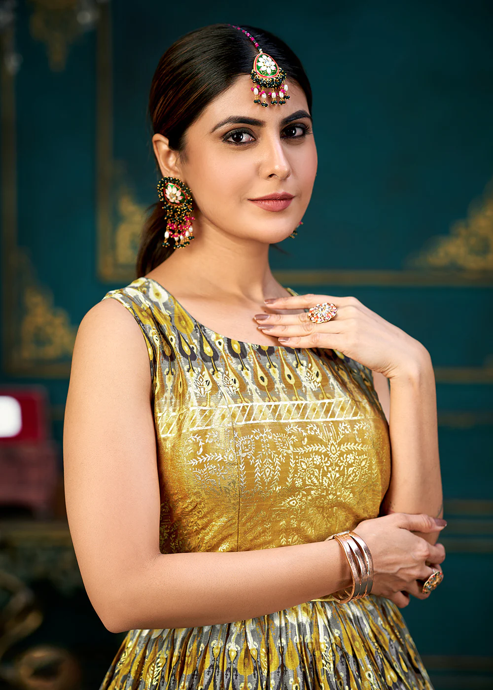 Yellow Multicolor Digital Foil Printed Ready to Wear Gown - Image 2