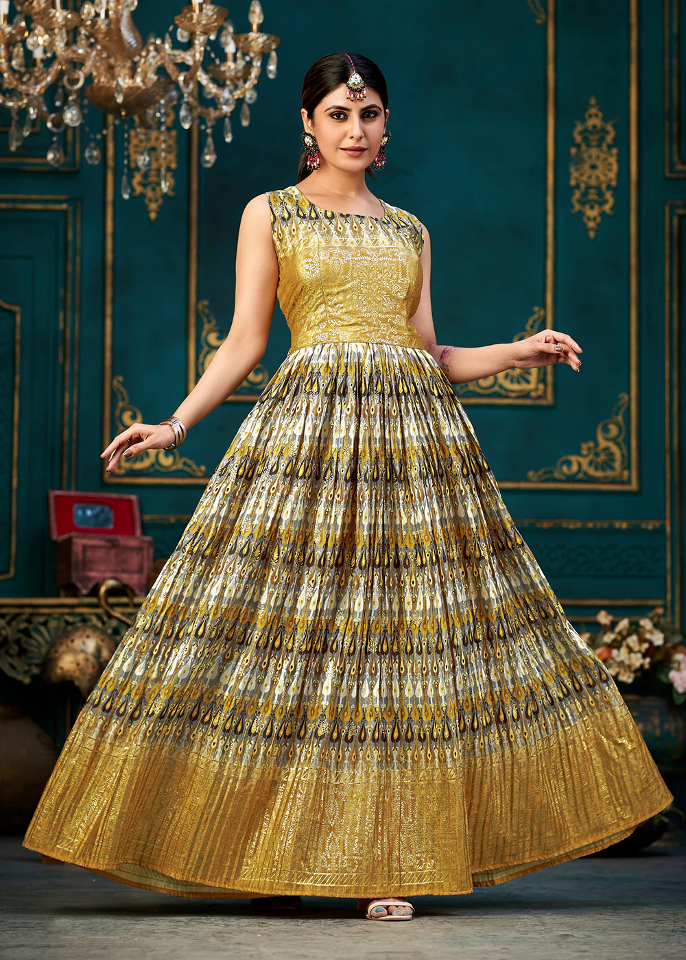 Yellow Multicolor Digital Foil Printed Ready to Wear Gown - Image 4