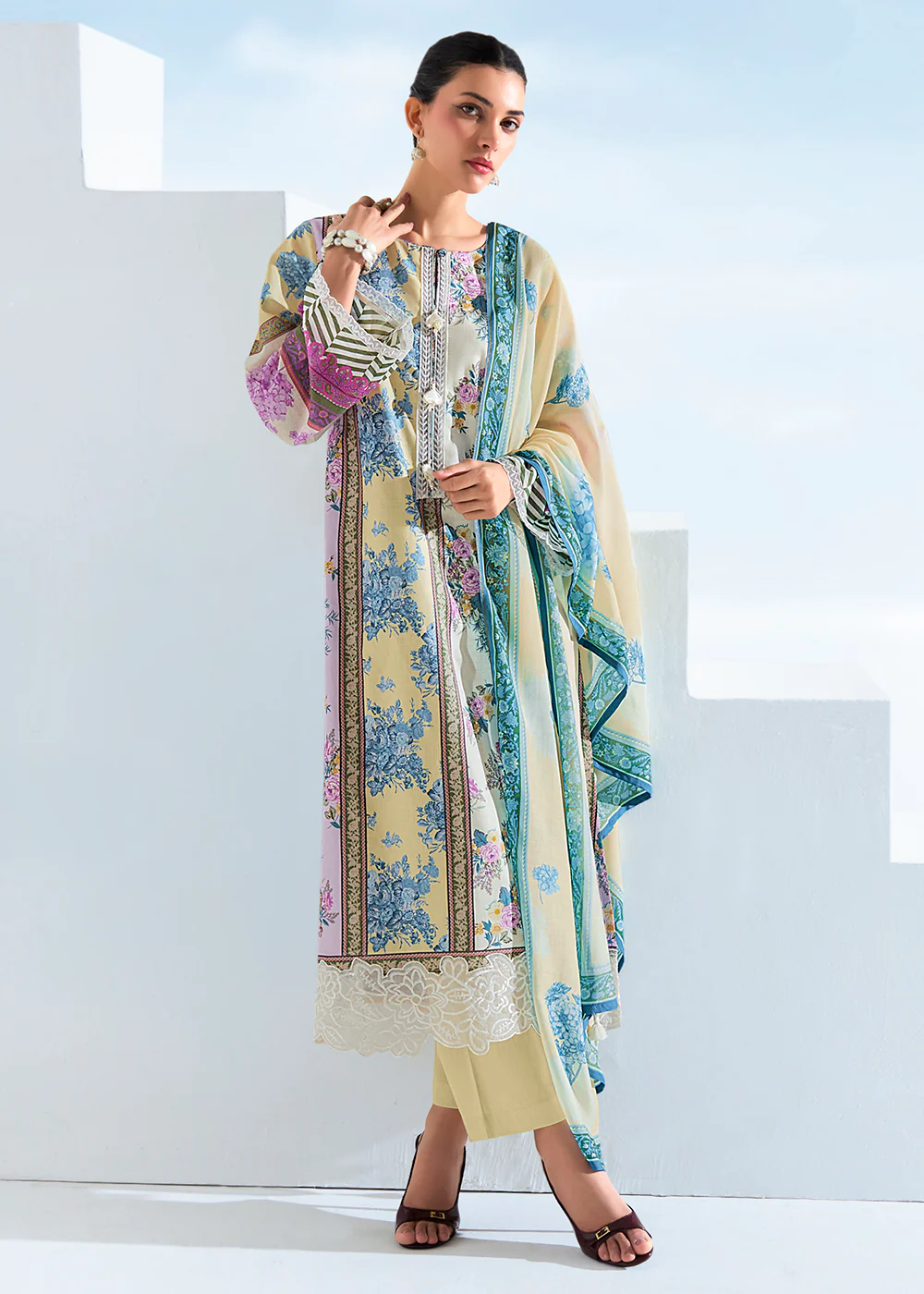 Yellow Multicolor Digital Printed Festive Pant Style Suit - Image 3