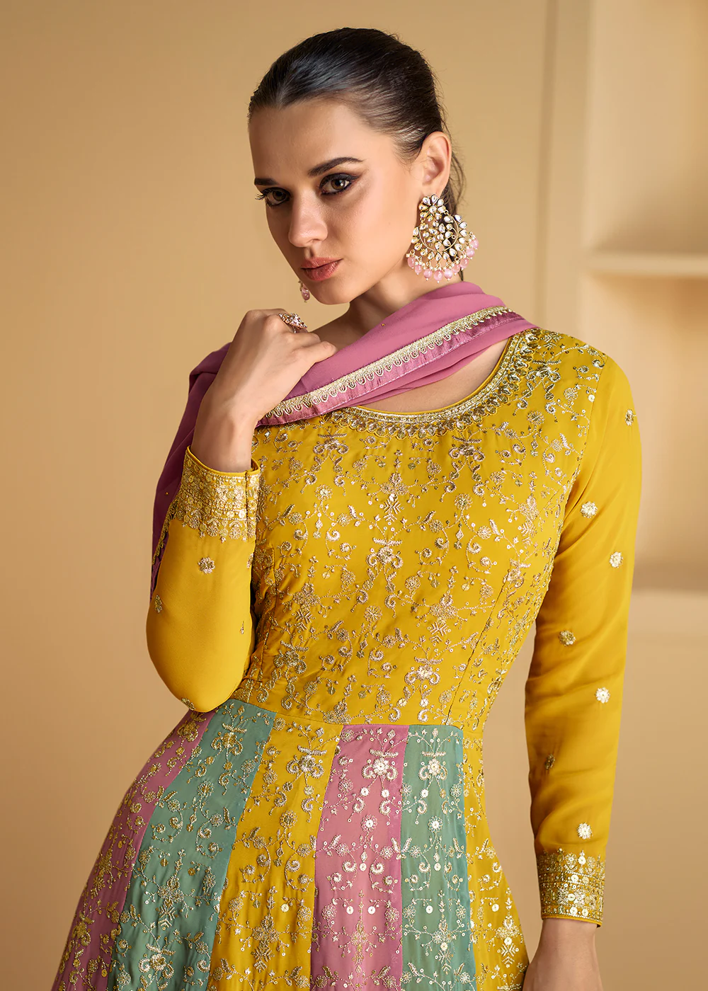 Yellow & Multicolor Embroidered Wedding Style Anarkali Suit - Image 2