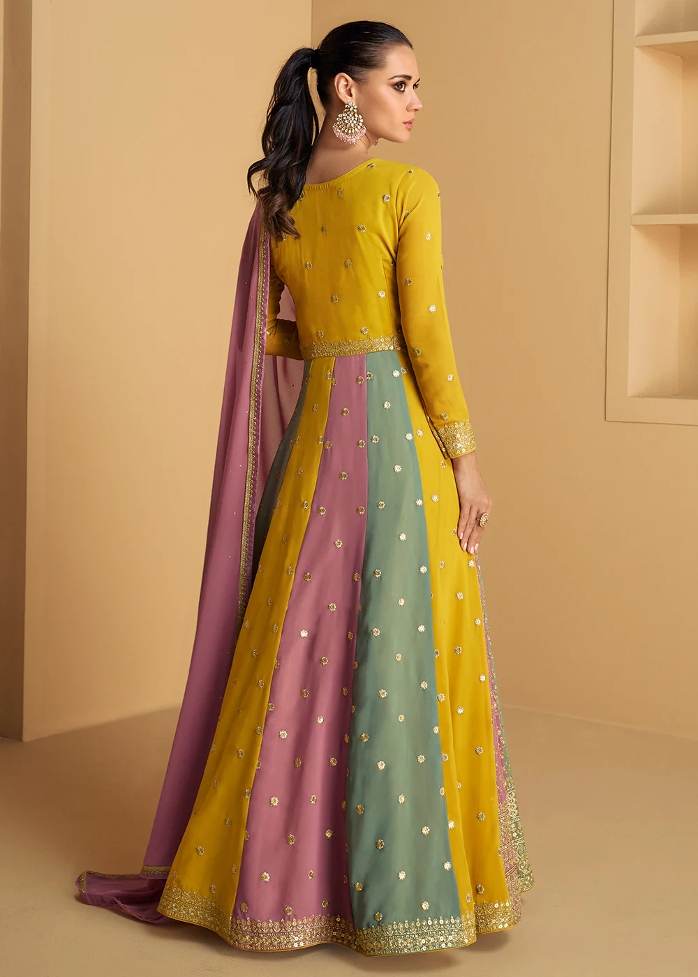 Yellow & Multicolor Embroidered Wedding Style Anarkali Suit - Image 3