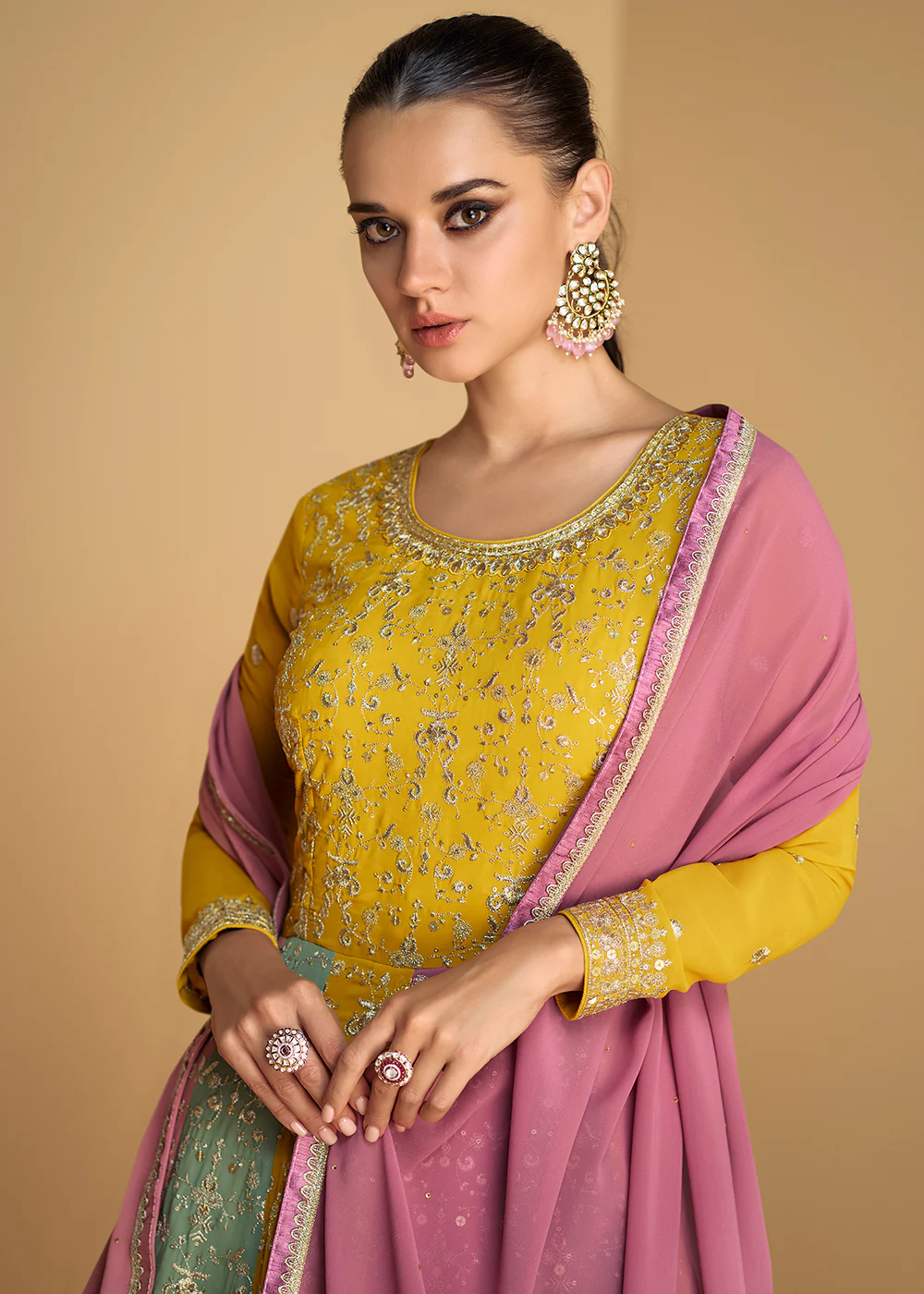 Yellow & Multicolor Embroidered Wedding Style Anarkali Suit - Image 4