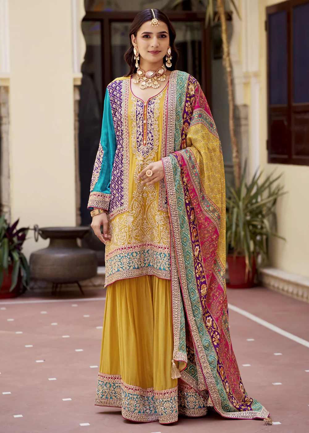 Yellow Multicolor Fancy Embroidered Gharara Style Suit