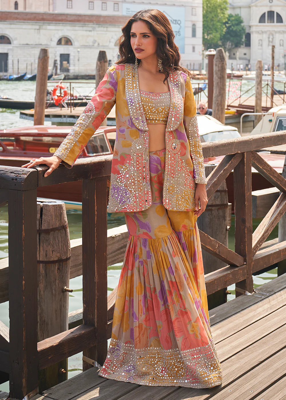 Yellow Multicolor Jacket Style Indo Western Gharara Dress - Image 3