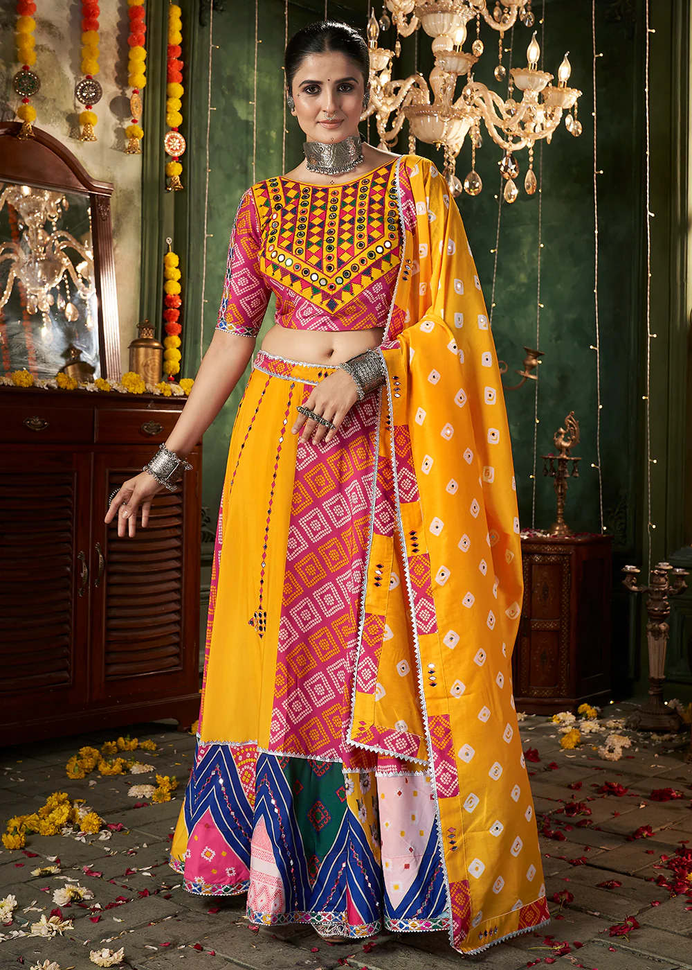 Yellow Multicolor Mirror Work & Printed Chaniya Choli for Navratri