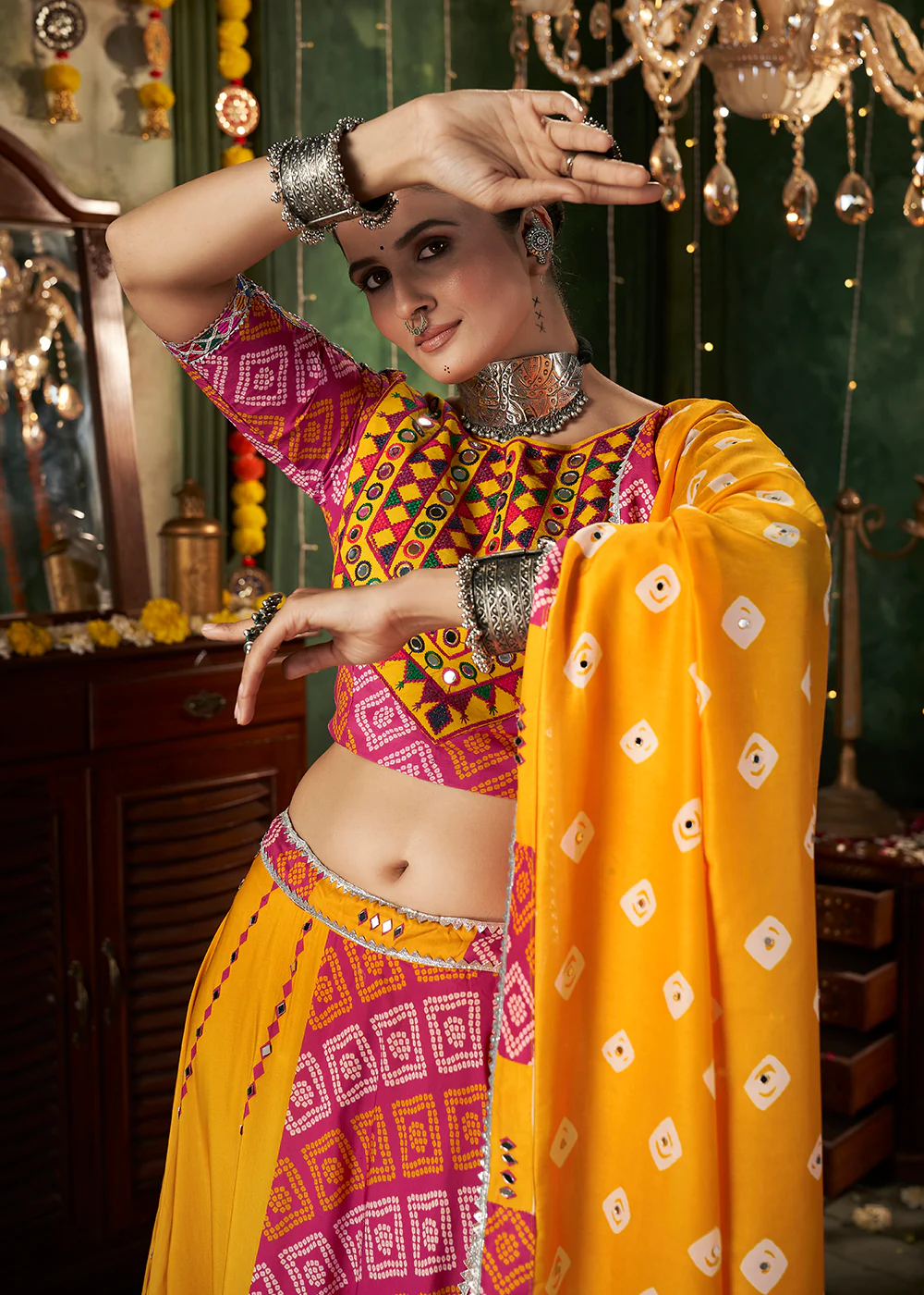 Yellow Multicolor Mirror Work & Printed Chaniya Choli for Navratri - Image 2