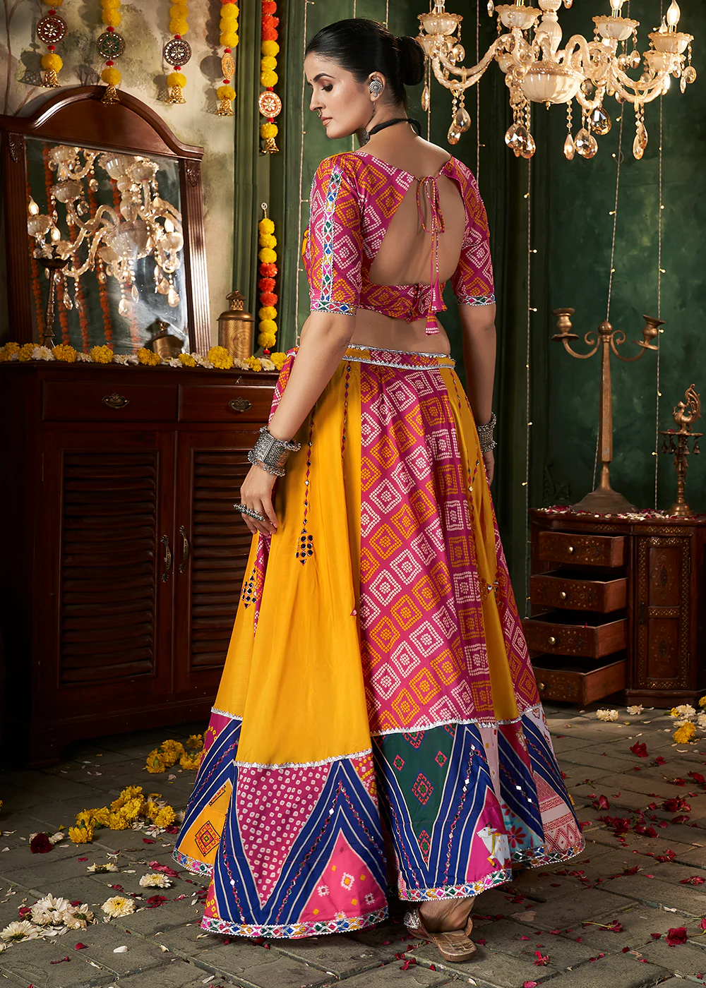 Yellow Multicolor Mirror Work & Printed Chaniya Choli for Navratri - Image 3
