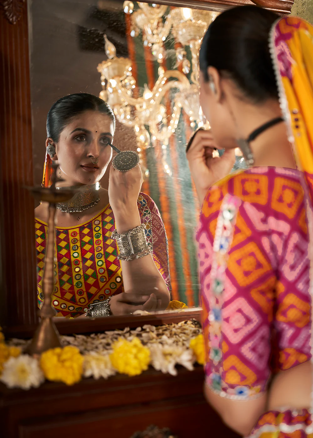 Yellow Multicolor Mirror Work & Printed Chaniya Choli for Navratri - Image 4