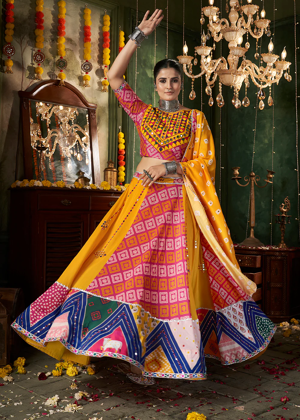 Yellow Multicolor Mirror Work & Printed Chaniya Choli for Navratri - Image 5