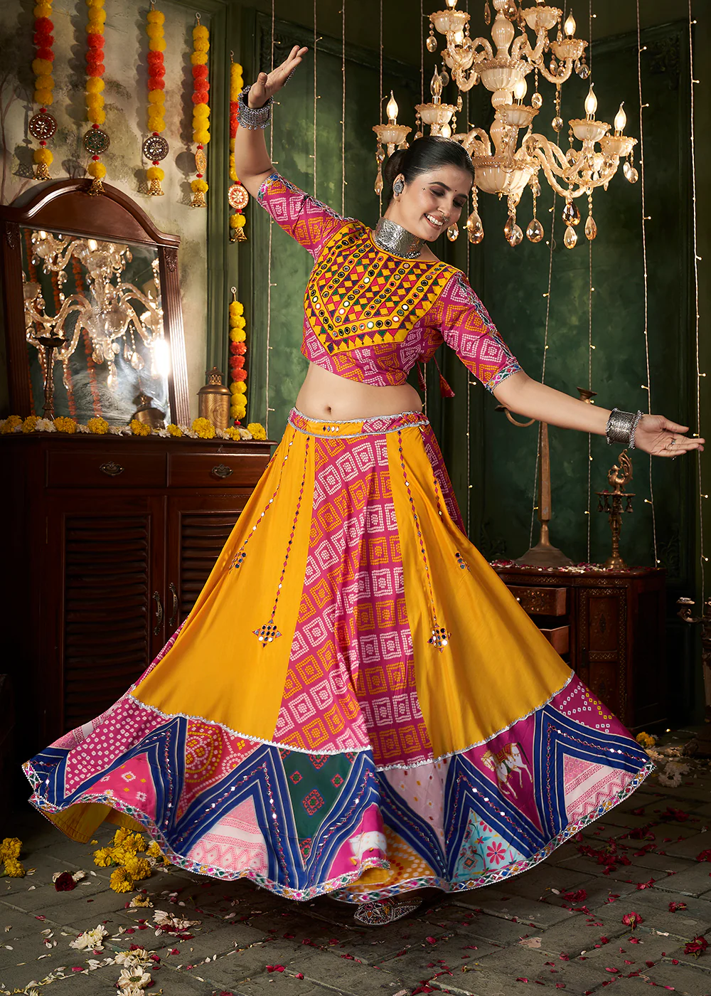 Yellow Multicolor Mirror Work & Printed Chaniya Choli for Navratri - Image 6