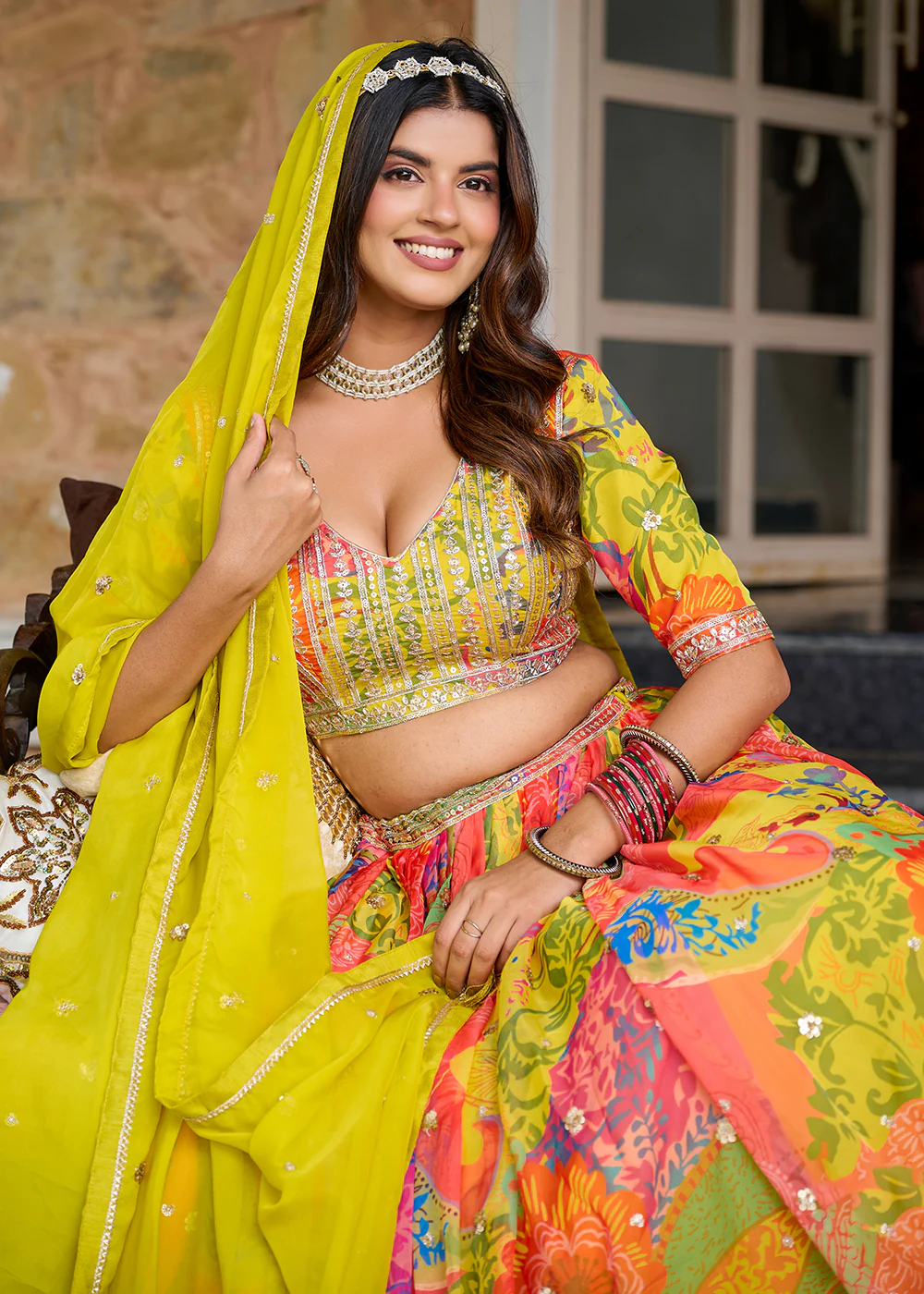 Yellow Multicolor Printed Embroidered Lehenga Choli - Image 2