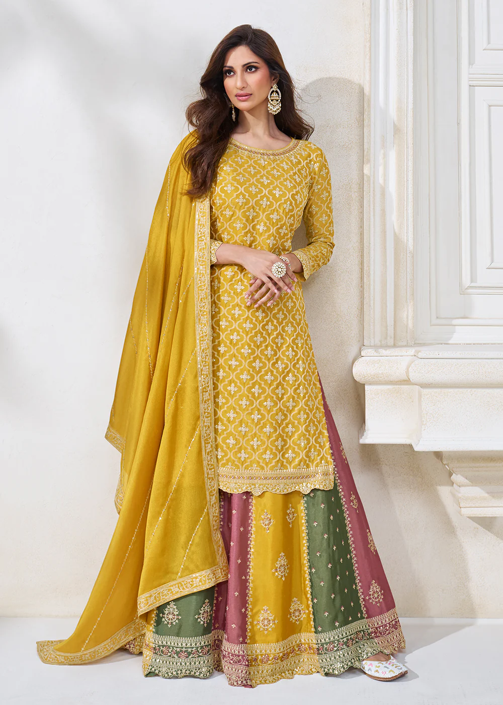 Yellow Multicolor Sequins Embroidered Lehenga Skirt Suit