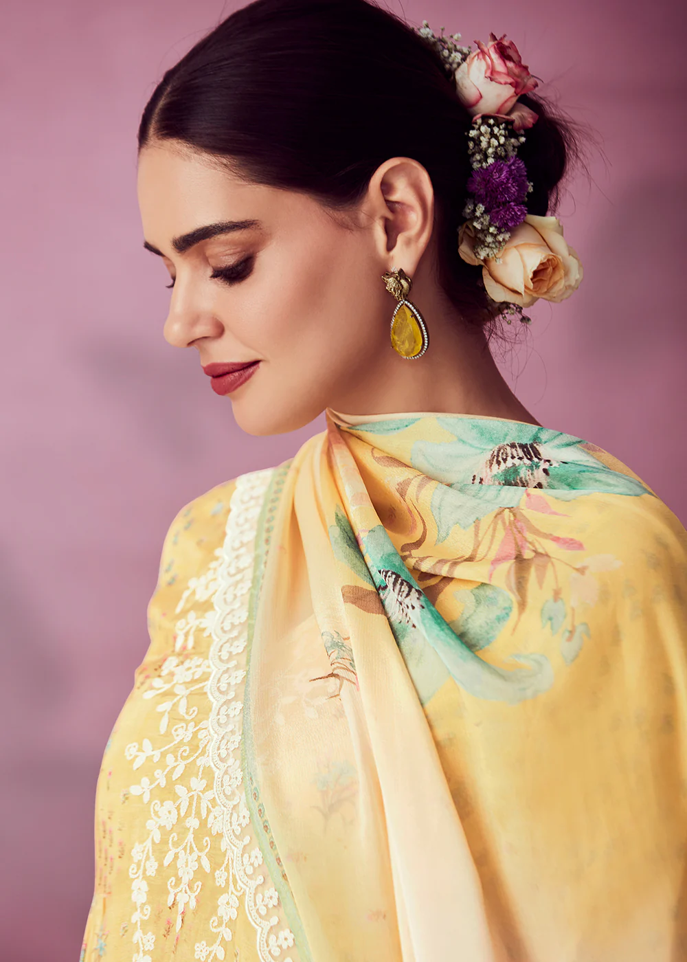 Yellow Muslin Cotton Printed Trendy Salwar Kurta Set - Image 2