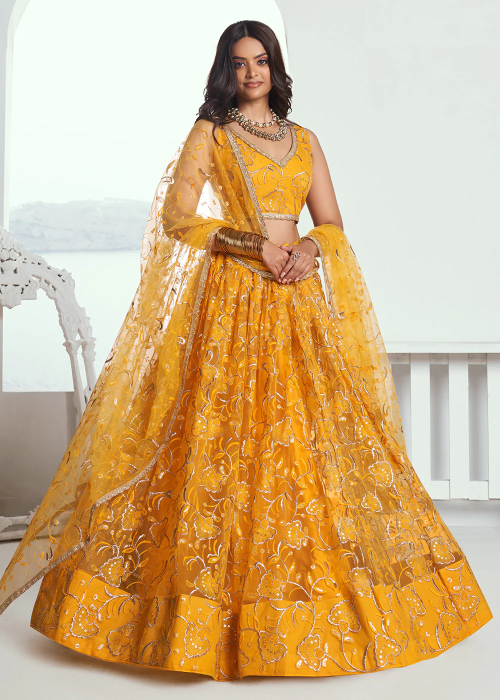 Yellow Net Embroidered Wedding Festive Lehenga Choli