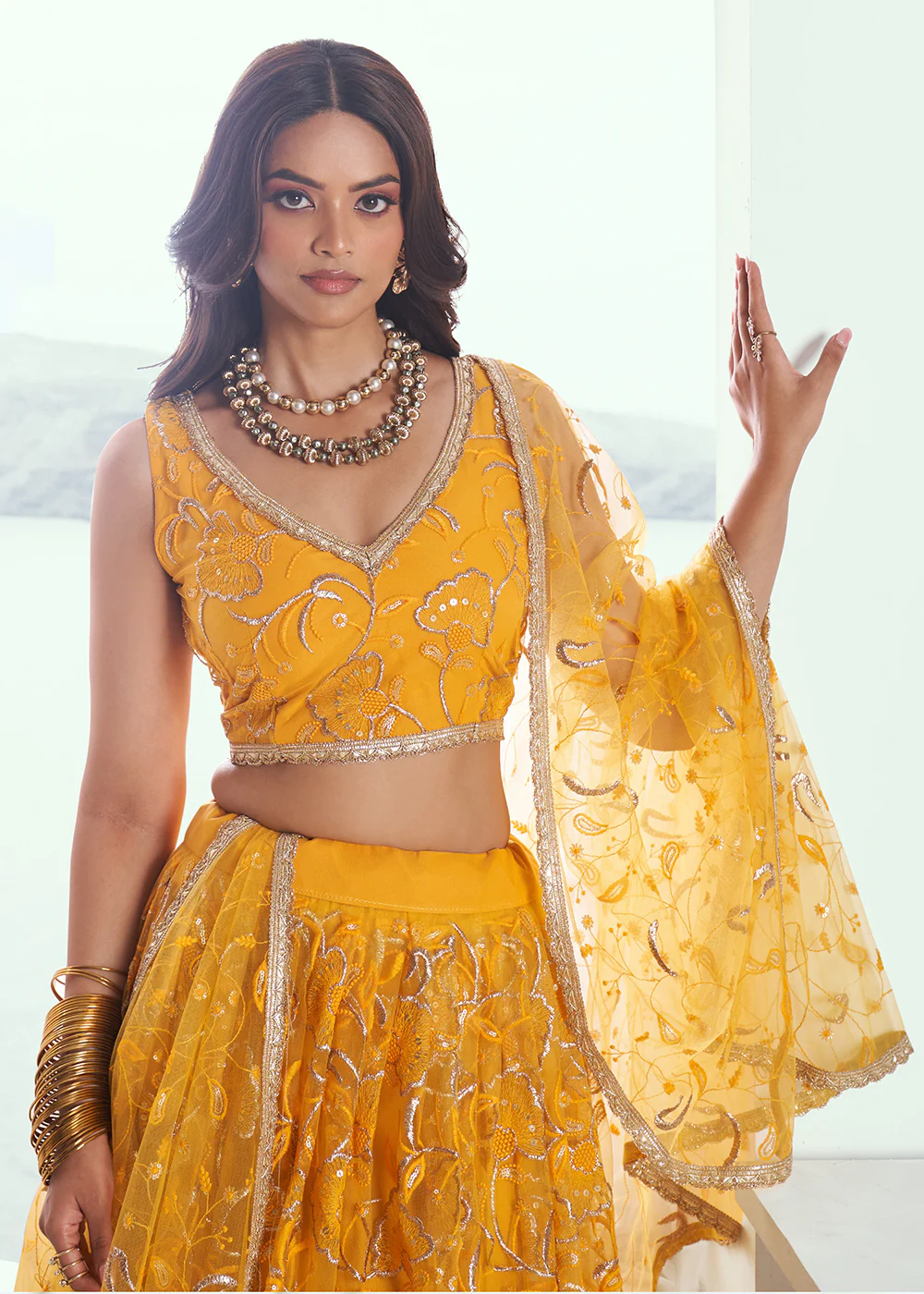 Yellow Net Embroidered Wedding Festive Lehenga Choli - Image 2