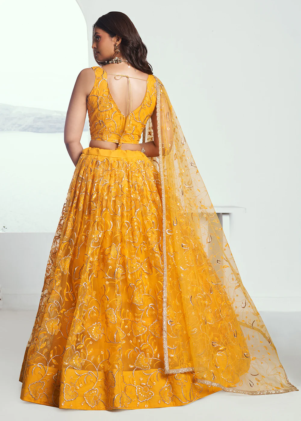 Yellow Net Embroidered Wedding Festive Lehenga Choli - Image 3