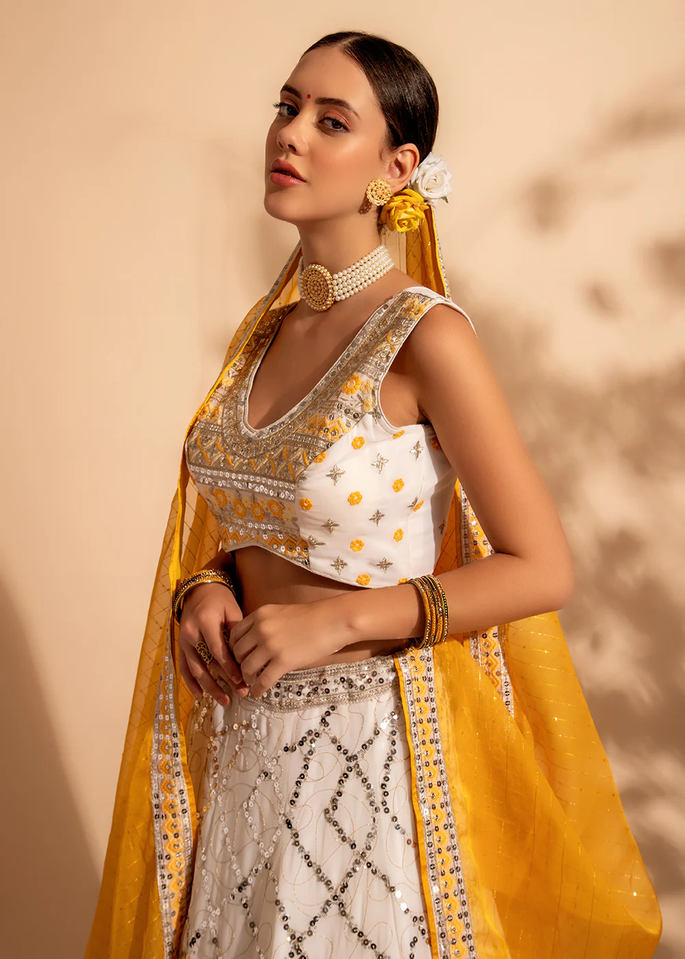 Yellow & White Bridesmaid Style Wedding Lehenga Choli - Image 2