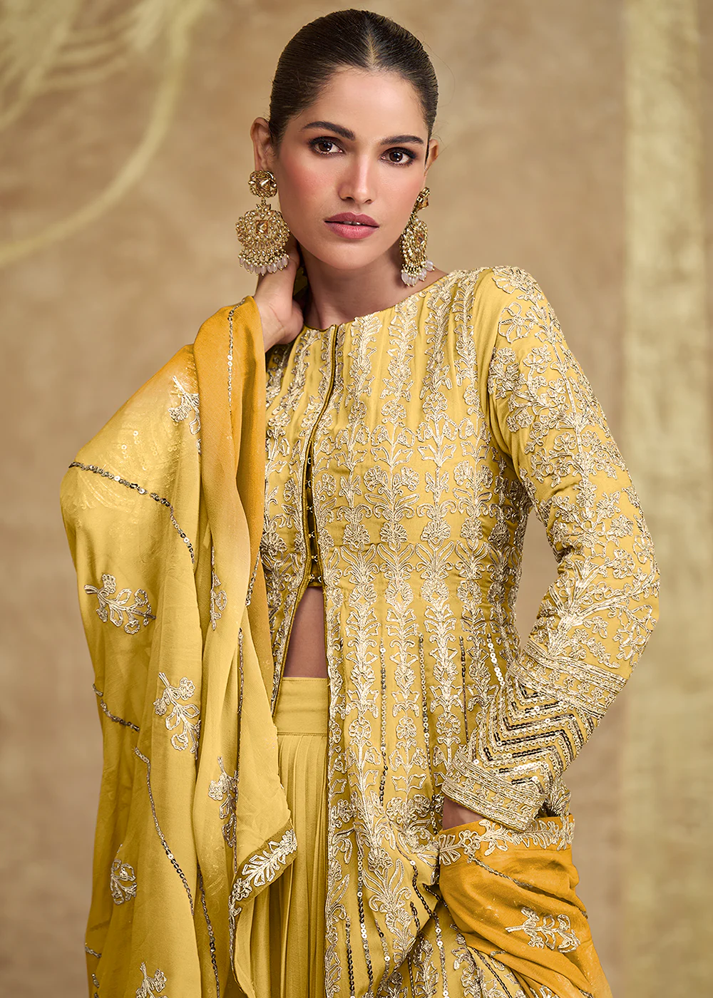 Yellow Ombre Slit Georgette Skirt Style Anakali Suit - Image 2