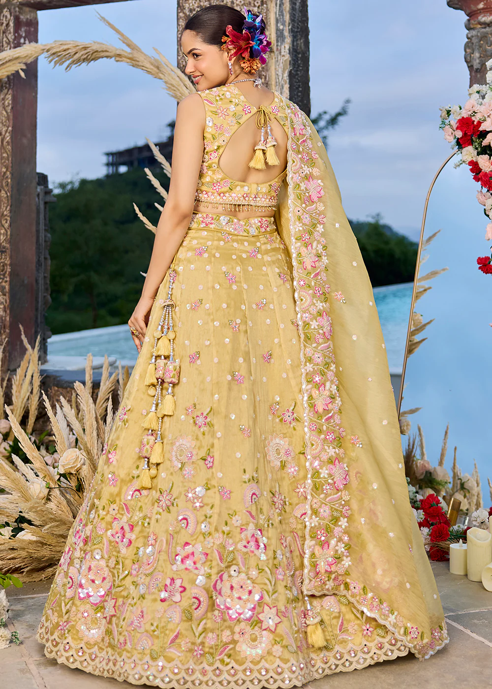 Yellow Organza Beads & Sequins Wedding Lehenga Choli - Image 3