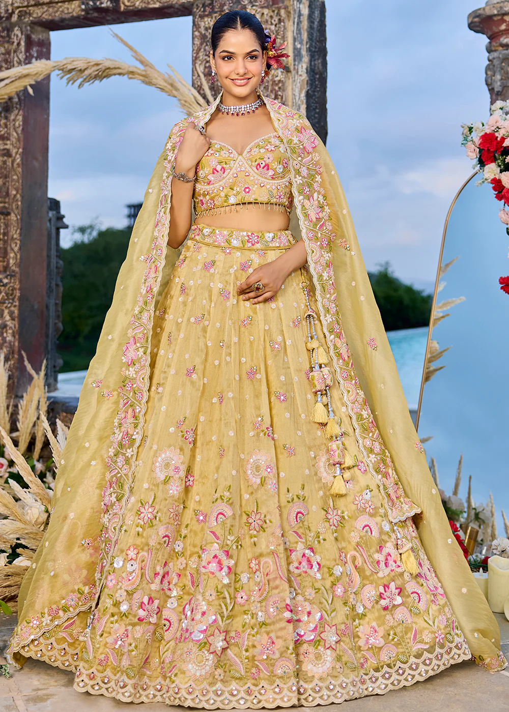 Yellow Organza Beads & Sequins Wedding Lehenga Choli - Image 4