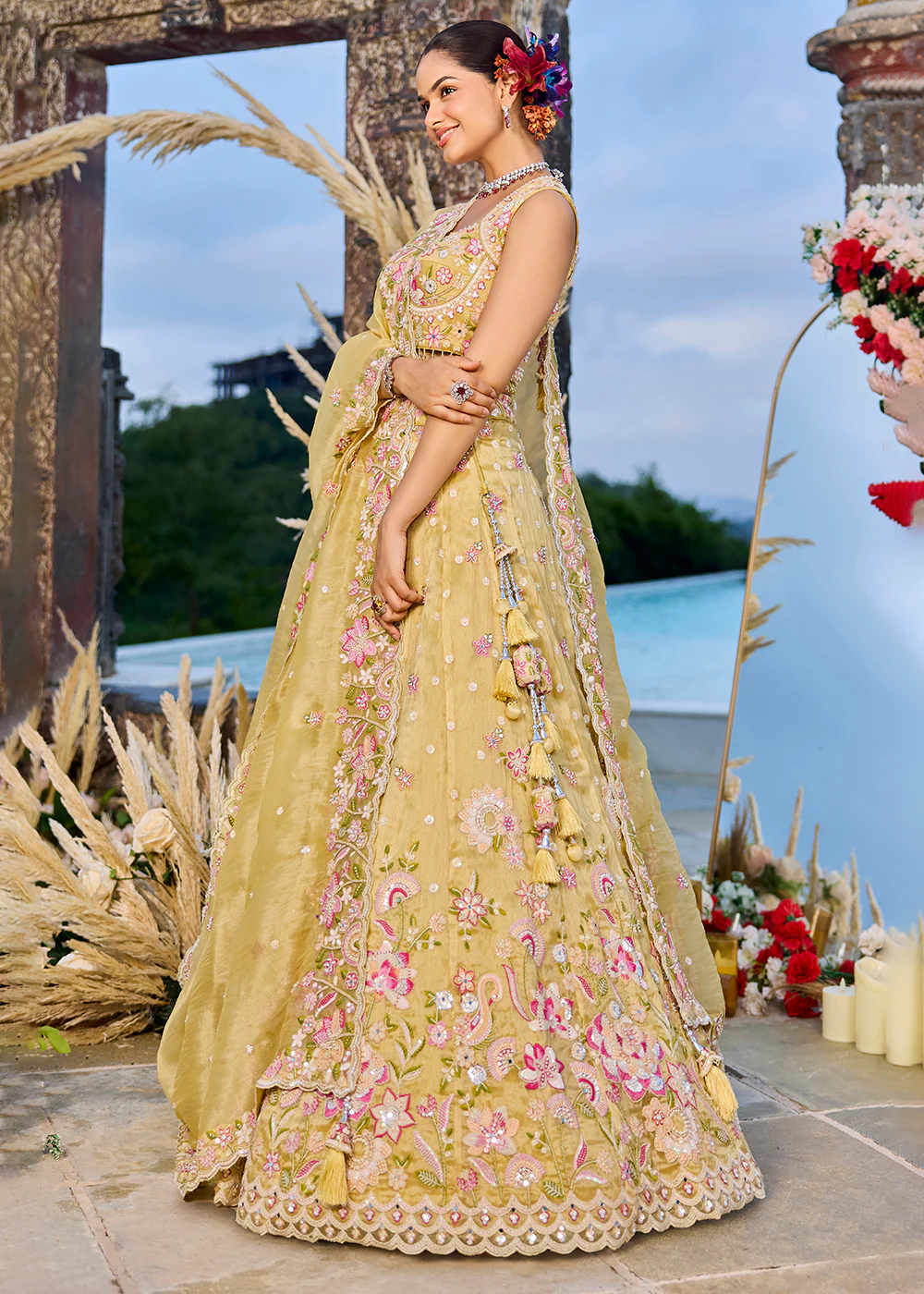 Yellow Organza Beads & Sequins Wedding Lehenga Choli - Image 5