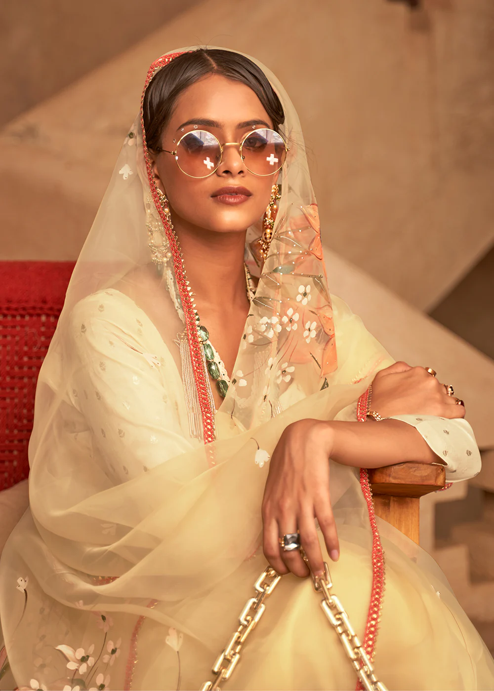 Yellow Organza Net Printed Embroidered Classic Indian Saree - Image 2