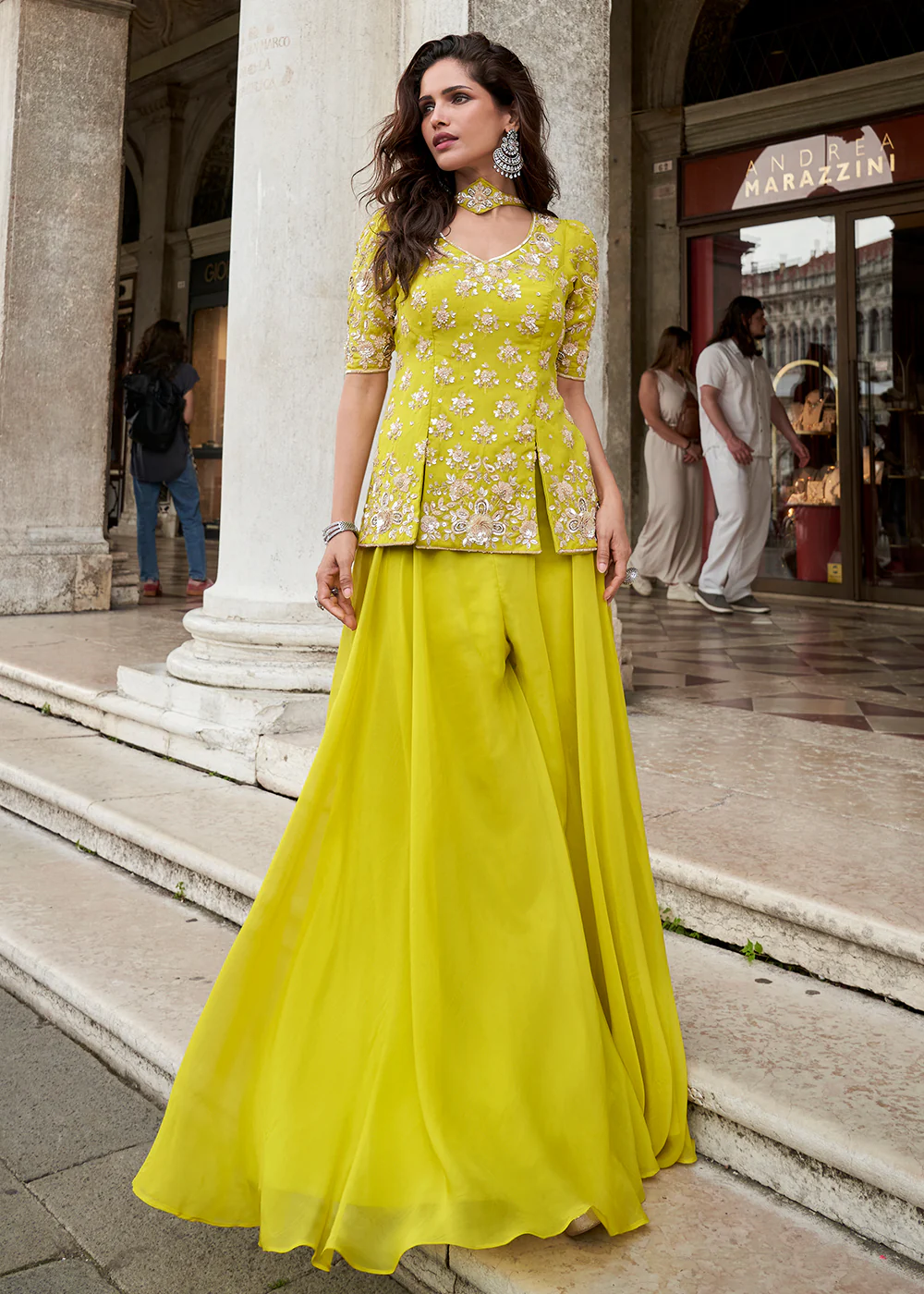 Yellow Organza Silk Short Kurti Style Palazzo Suit