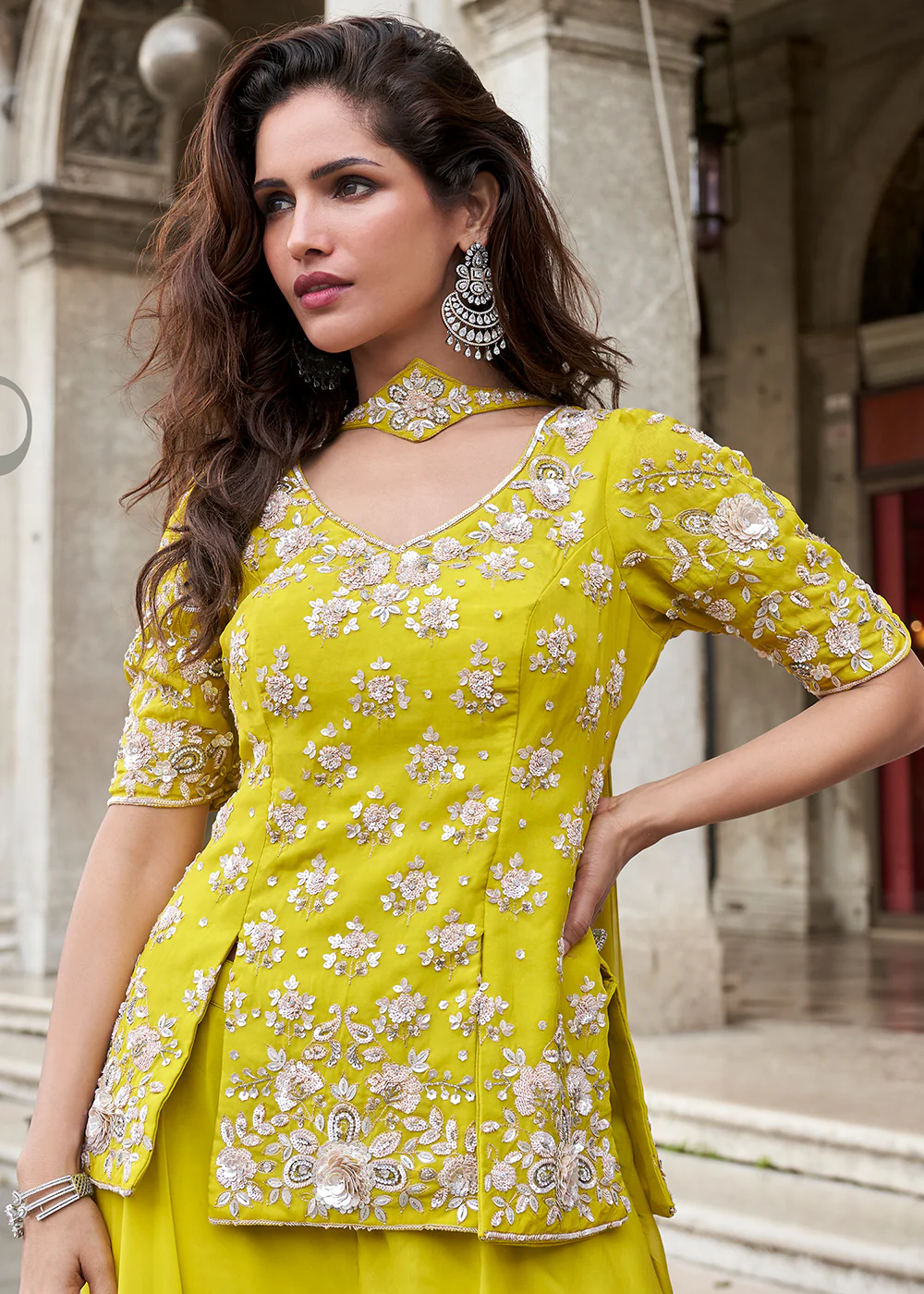 Yellow Organza Silk Short Kurti Style Palazzo Suit - Image 2