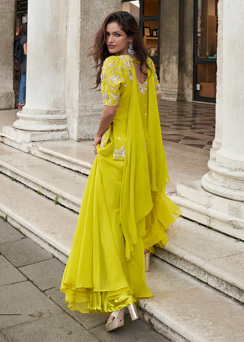 Yellow Organza Silk Short Kurti Style Palazzo Suit - Image 3