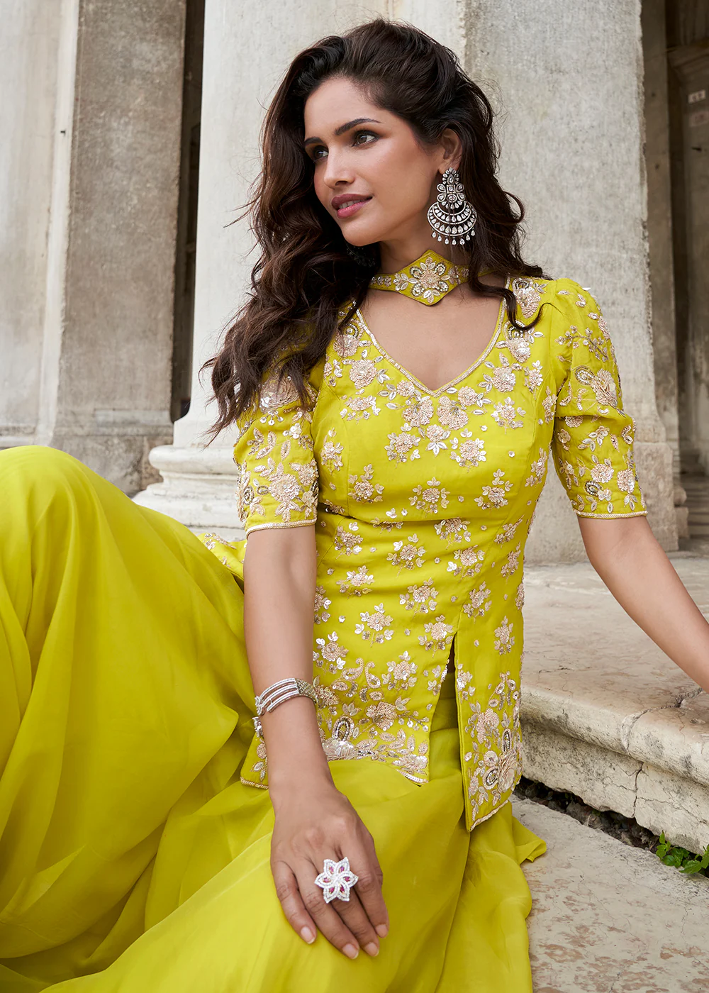 Yellow Organza Silk Short Kurti Style Palazzo Suit - Image 4