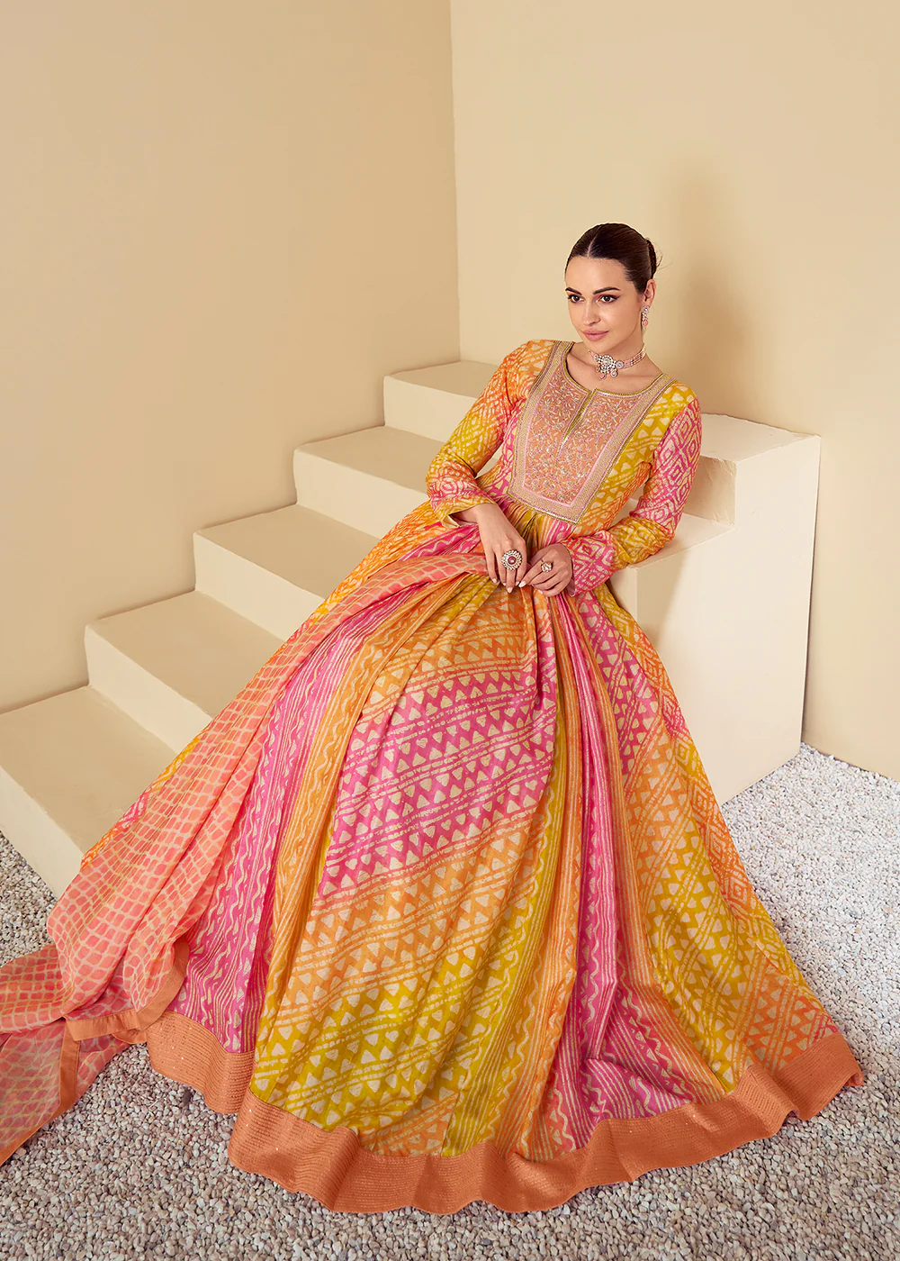 Yellow & Peach Maslin Digital Printed Festive Anarkali Gown - Image 3