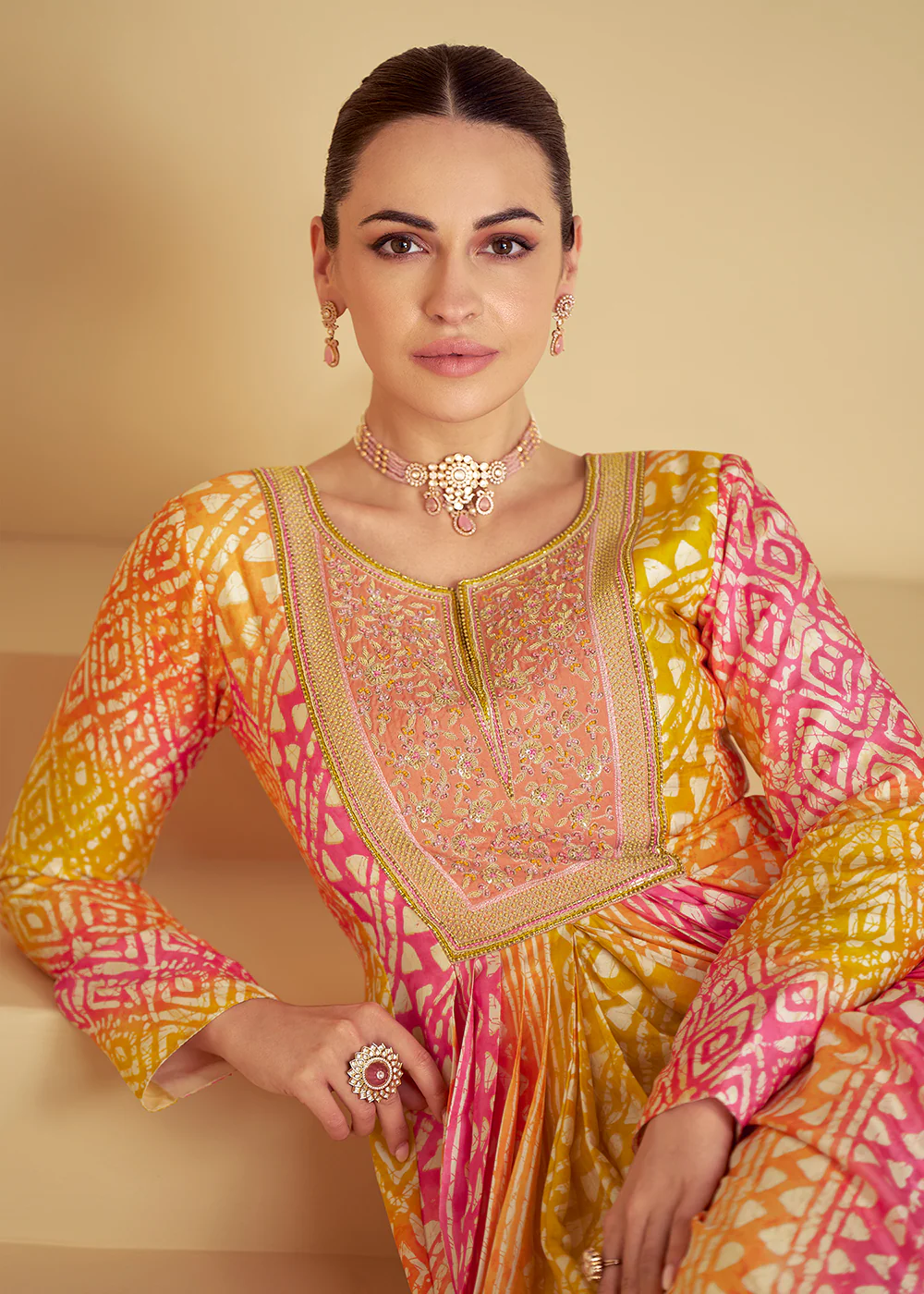 Yellow & Peach Maslin Digital Printed Festive Anarkali Gown - Image 4