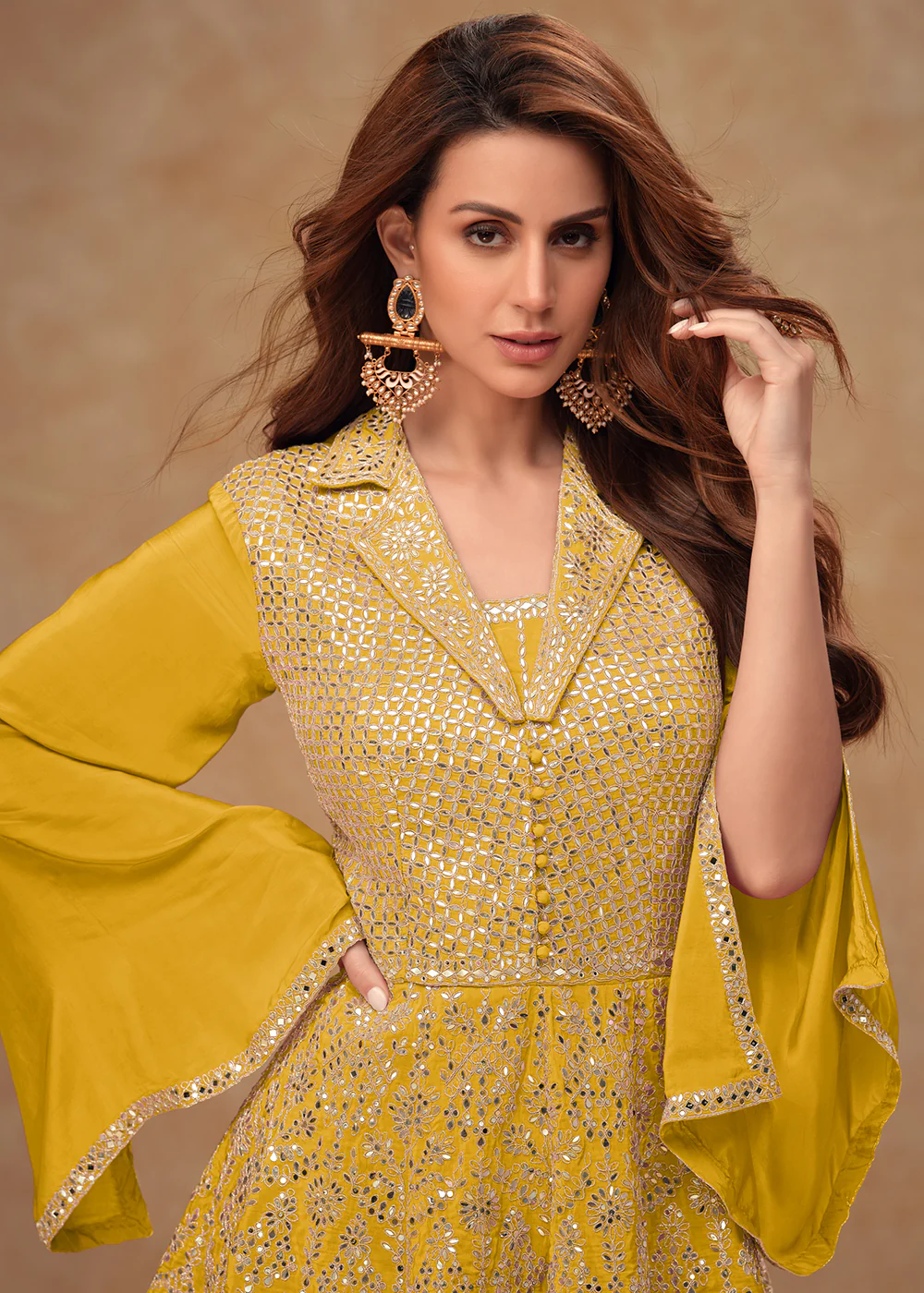 Yellow Peplum Style Embroidered Festive Pant Style Suit - Image 2