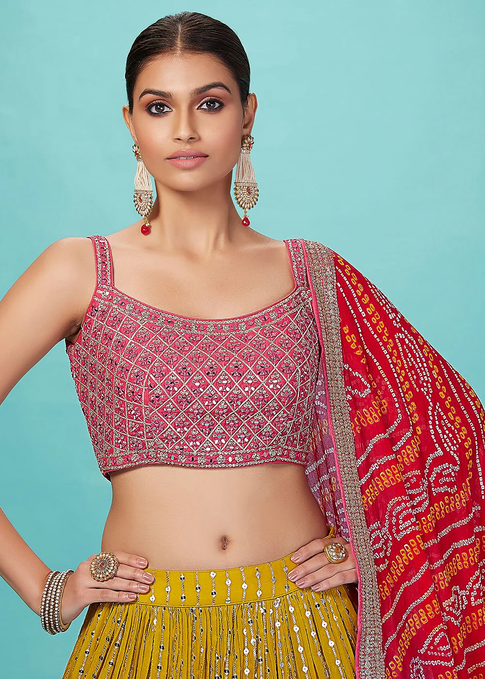 Yellow & Pink Festive Style Embroidered Lehenga Choli - Image 2