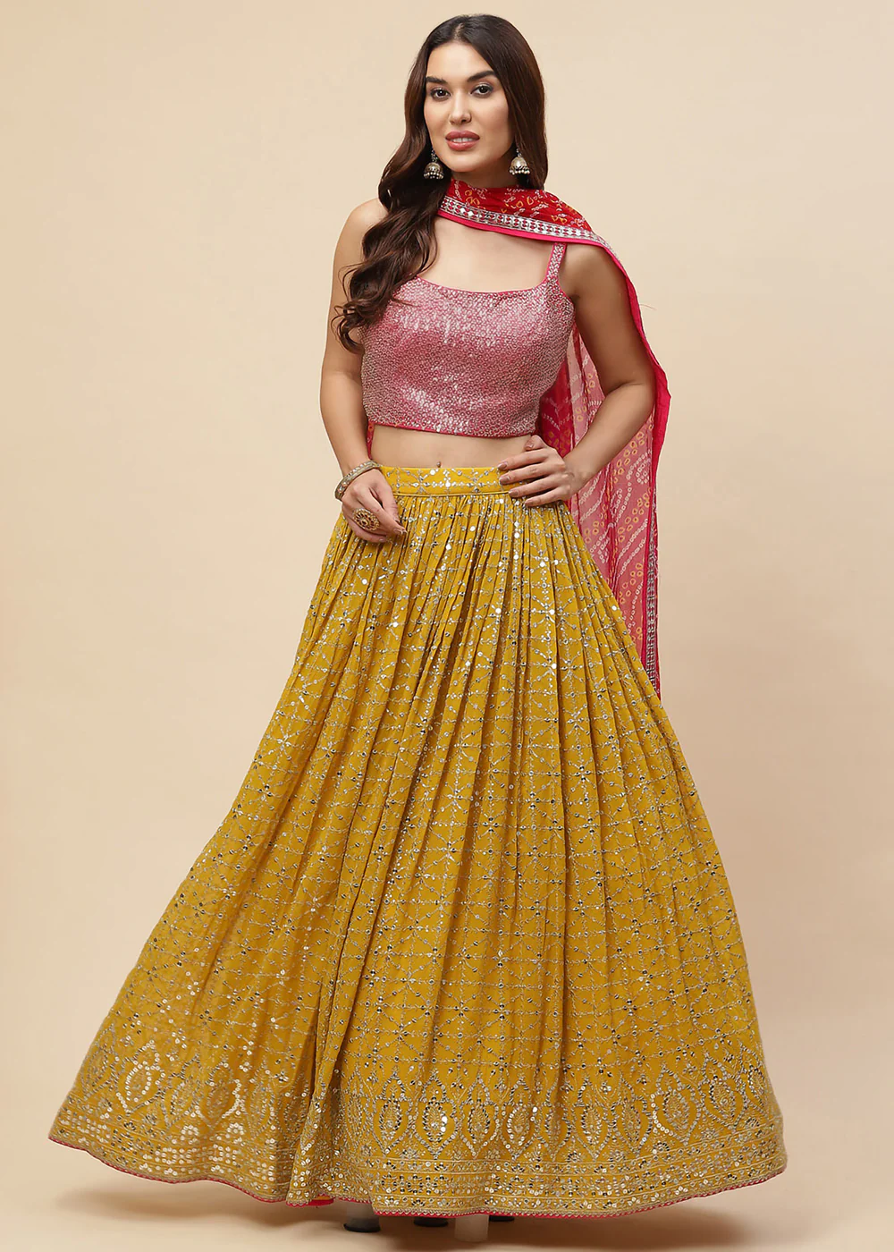 Yellow & Pink Festive Style Embroidered Lehenga Choli
