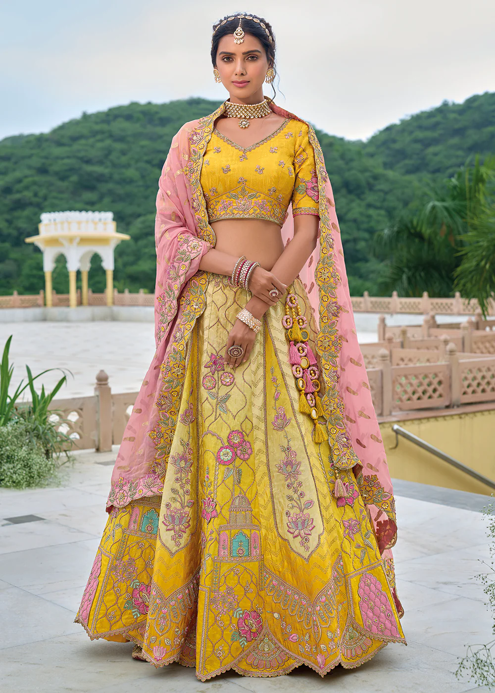 Yellow & Pink Heavy Embroidered Bridal Style Lehenga Choli