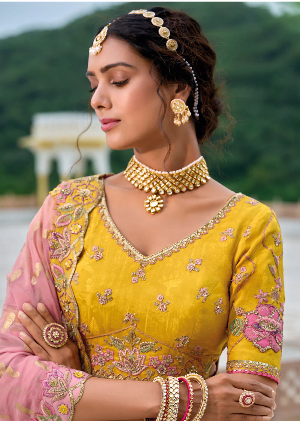 Yellow & Pink Heavy Embroidered Bridal Style Lehenga Choli - Image 2