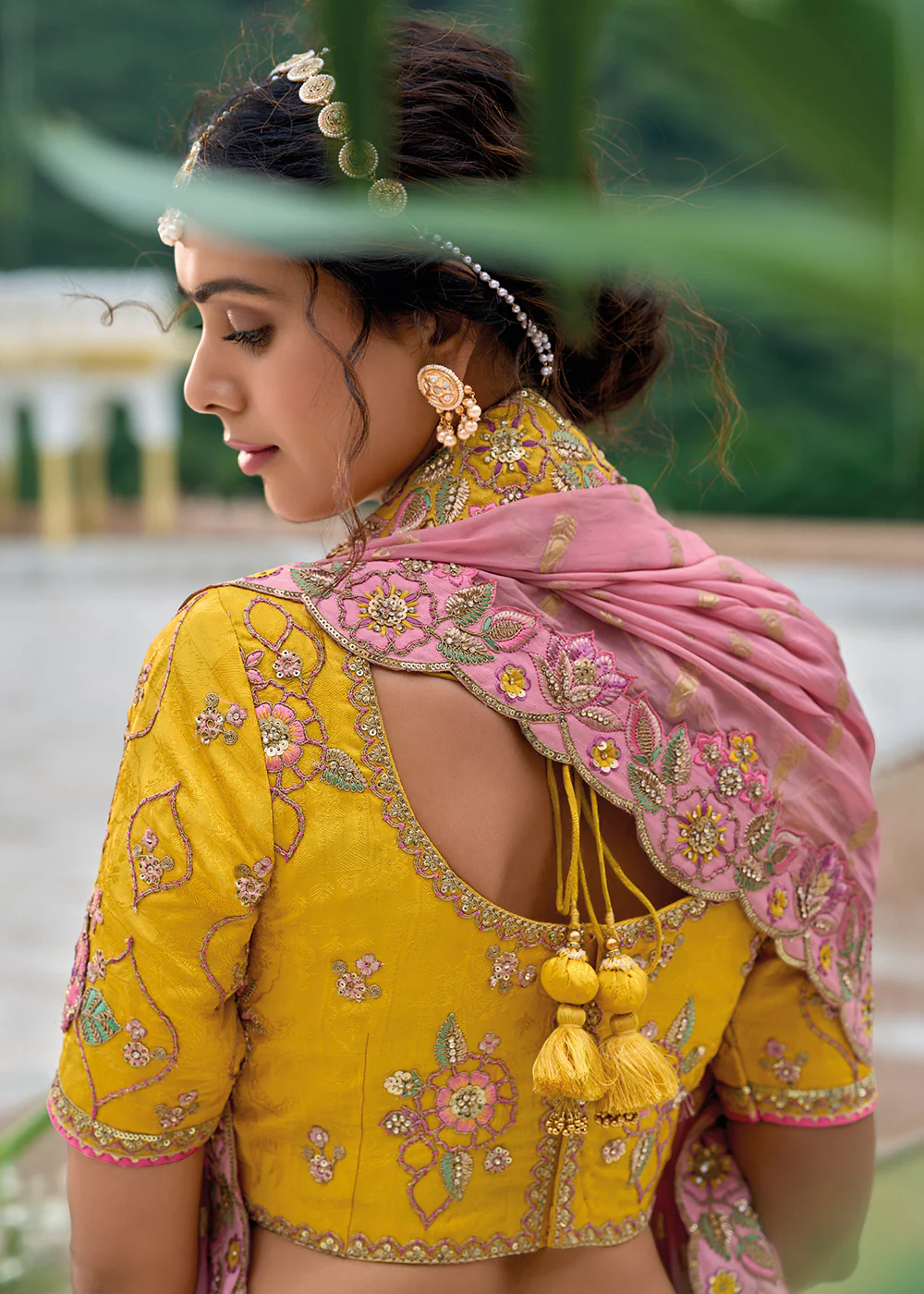 Yellow & Pink Heavy Embroidered Bridal Style Lehenga Choli - Image 3