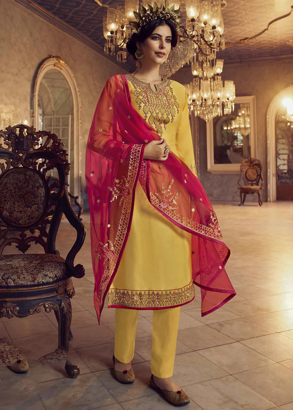 Yellow & Pink Lehenga/Pant Style Trendy Suit - Image 3
