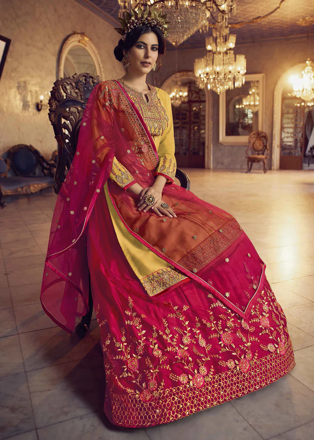 Yellow & Pink Lehenga/Pant Style Trendy Suit - Image 4
