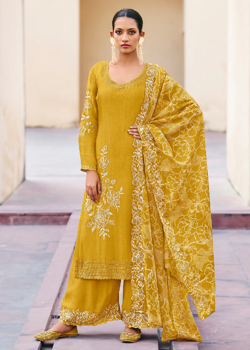 Yellow Premium Chinnon Embroidered Palazzo Style Suit