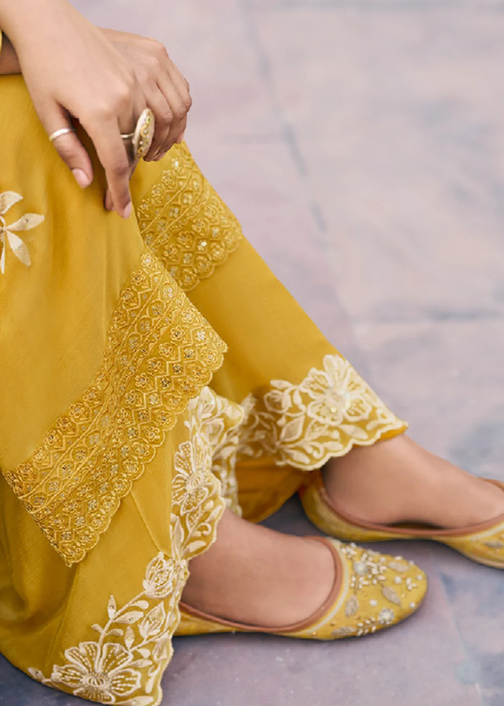 Yellow Premium Chinnon Embroidered Palazzo Style Suit - Image 4