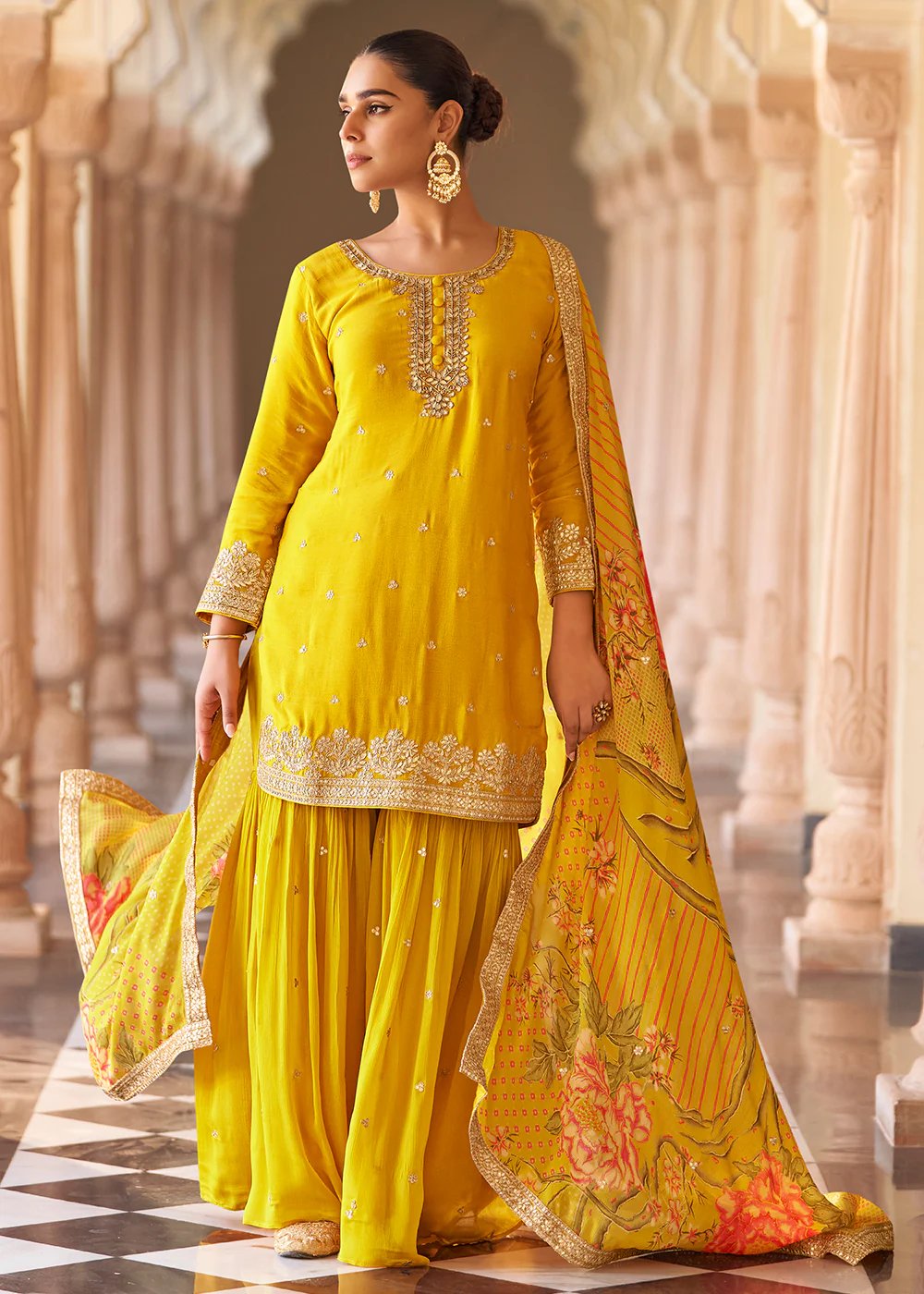Yellow Premium Chinnon Silk Festive Wear Gharara Suit
