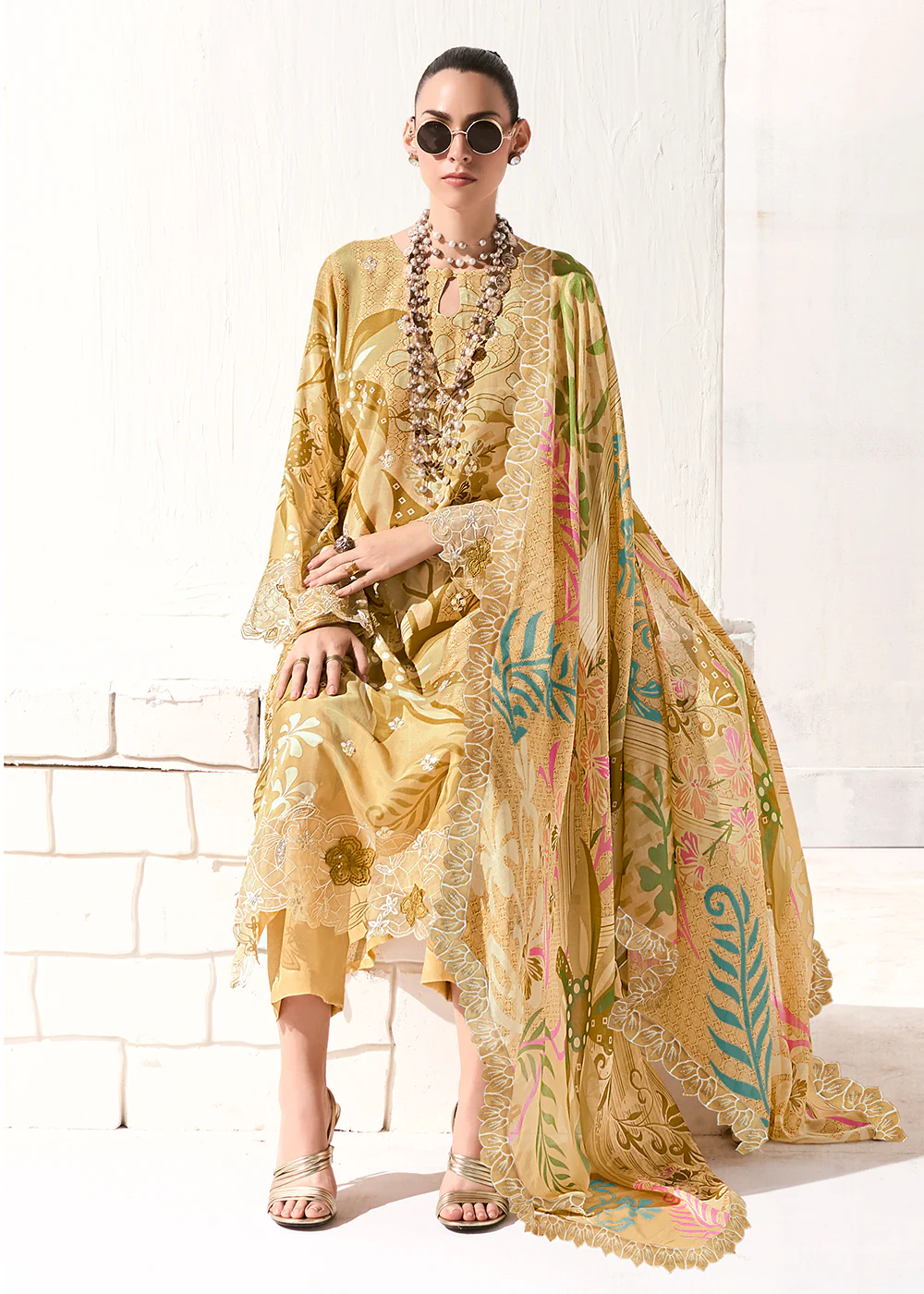 Yellow Printed & Embroidered Muslin Salwar Suit - Image 4