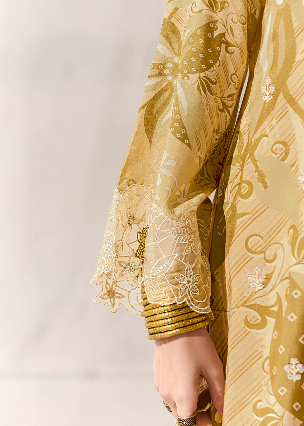 Yellow Printed & Embroidered Muslin Salwar Suit - Image 5