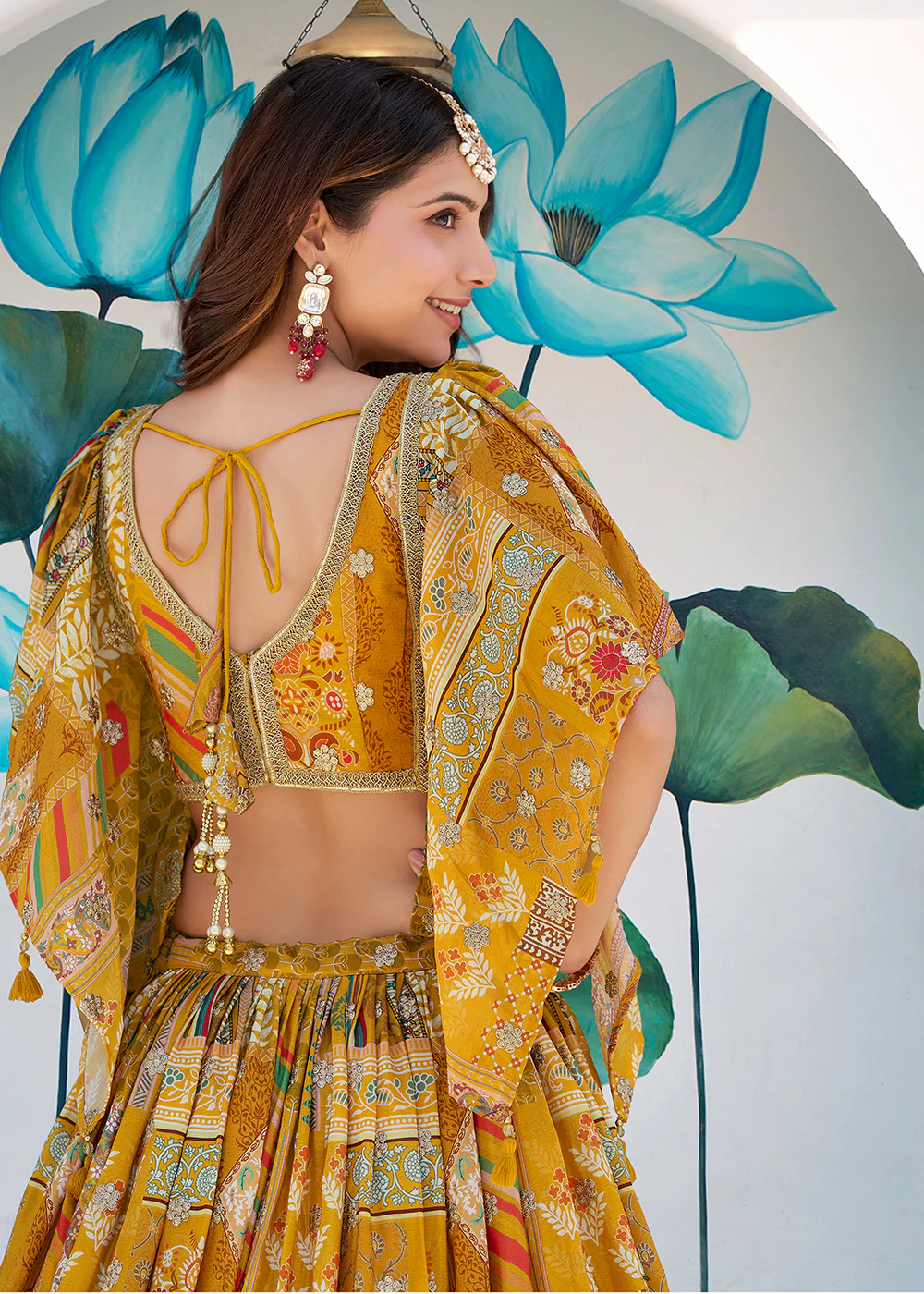 Yellow Printed & Zari Dori Embroidered Lehenga Choli - Image 3