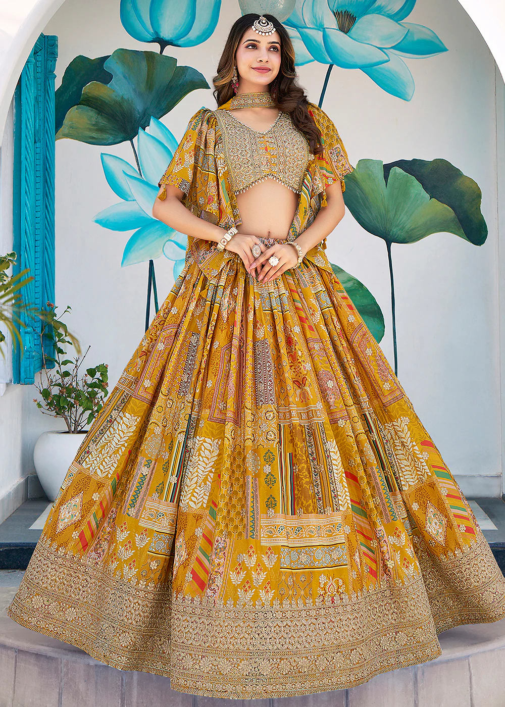 Yellow Printed & Zari Dori Embroidered Lehenga Choli - Image 4