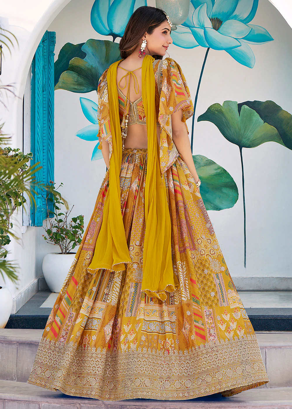 Yellow Printed & Zari Dori Embroidered Lehenga Choli - Image 7